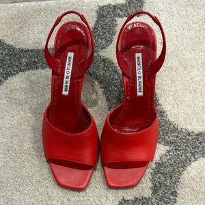 Manolo Blahnik Red Leather Open-Toe Slingbacks